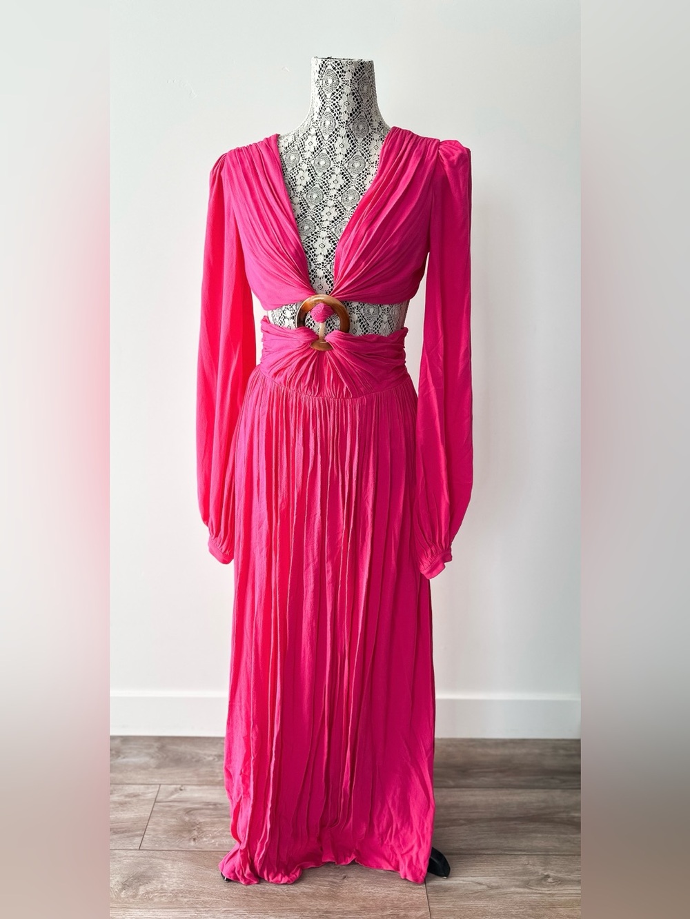 PatBO Cut Out Ring Maxi Dress Fuchsia Pink Plunge Long Sleeve Gown US 2